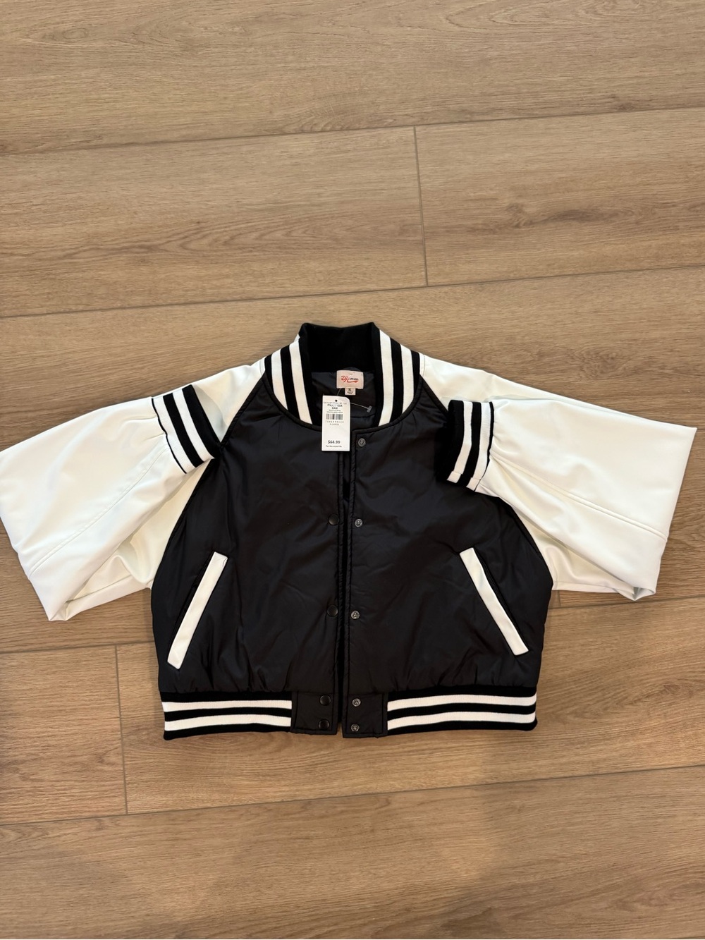 Buckle Black and White Varsity-Style Bomber Jacket